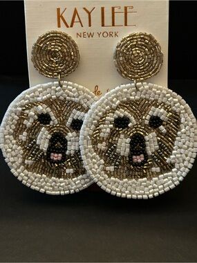 Kay Lee Adorable Handmade Beaded Dog 🐶 Face Statement Earrings in White & Gold